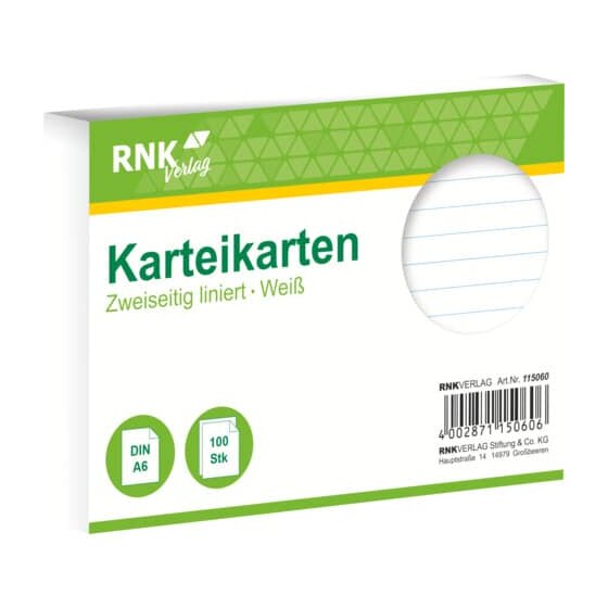 RNK Verlag Karteikarten - DIN A6, liniert, weiß, 100 Karten