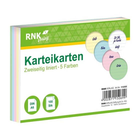 RNK Verlag Karteikarten - DIN A6, liniert, farbig sortiert, 100 Karten