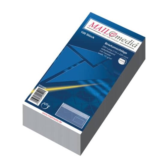 MAILmedia® Briefumschläge DIN lang (220x110 mm), mit Fenster, selbstklebend, 72 g/qm, 100 Stück