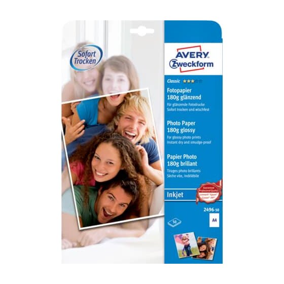 Avery Zweckform® 2496-50 Classic Inkjet Fotopapier - DIN A4, glänzend, 180 g/qm, 50 Blatt