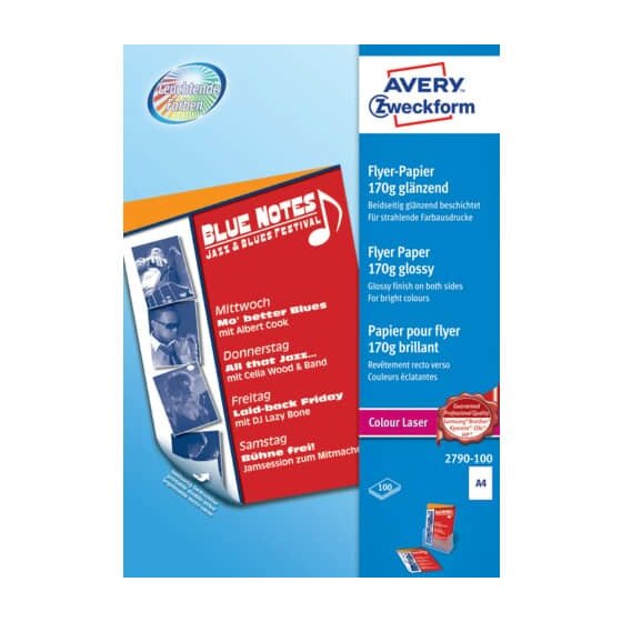 Avery Zweckform® 2790-100 Colour Laser Flyer-Papier, DIN A4, beidseitig beschichtet - glänzend, 170 g/qm, 100 Blatt
