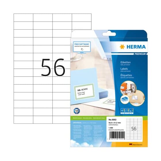 Herma 5052 Etiketten Premium A4, weiß 52,5x21,2 mm Papier matt 1400 St.