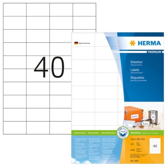 Herma 4461 Etiketten Premium A4, weiß 52,5x29,7 mm Papier matt 4000 St.