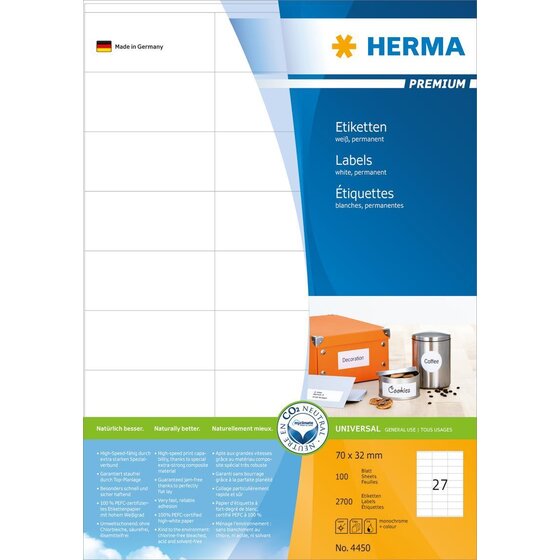 Herma 4450 Etiketten Premium A4, weiß 70x32 mm Papier matt 2700 St.