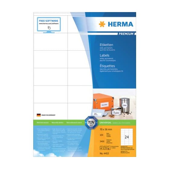 Herma 4453 Etiketten Premium A4, weiß 70x36 mm Papier matt 2400 St.