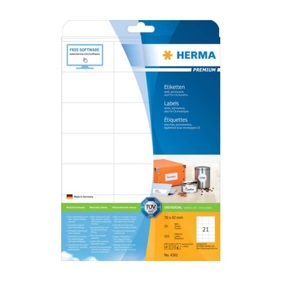 Herma 4361 Etiketten Premium A4, weiß 70x42 mm Papier matt 525 St.