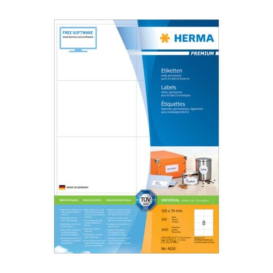 Herma 4626 Etiketten Premium A4, weiß 105x74 mm Papier matt 1600 St.