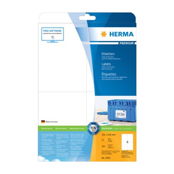 Herma 5063 Etiketten Premium A4, weiß 105x148 mm Papier matt 100 St.