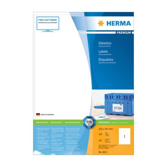 Herma 4631 Etiketten Premium A4, weiß 210x297 mm Papier matt 200 St.