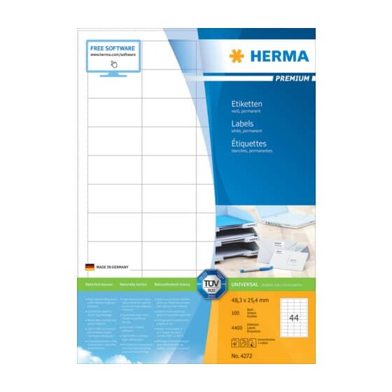 Herma 4272 Etiketten Premium A4, weiß 48,3x25,4 mm Papier matt 4400 St.