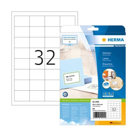 Herma 4200 Etiketten Premium A4, weiß 48,3x33,8 mm Papier matt 800 St.