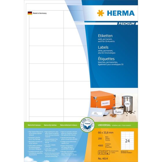 Herma 4614 Etiketten Premium A4, weiß 66x33,8 mm Papier matt 4800 St.