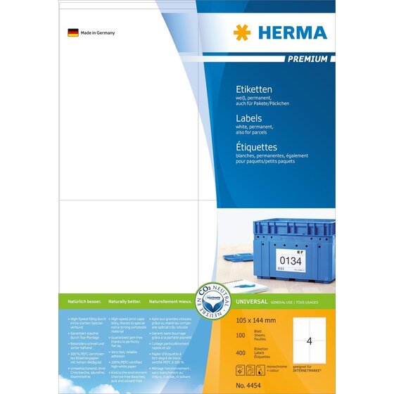Herma 4454 Etiketten Premium A4, weiß 105x144 mm Papier matt 400 St.