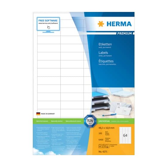 Herma 4271 Etiketten Premium A4, weiß 48,3x16,9 mm Papier matt 6400 St.