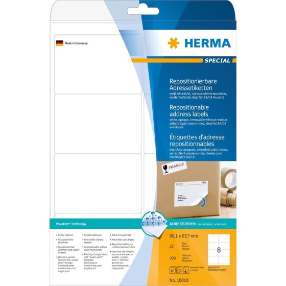 Herma 10018 Adressetiketten A4 weiß 99,1x67,7 mm repositionierbar Papier matt blickdicht 200 St.