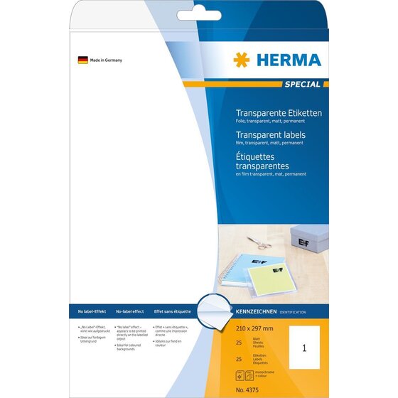 Herma 4375 Etiketten transparent matt A4 210x297 mm Folie 25 St.