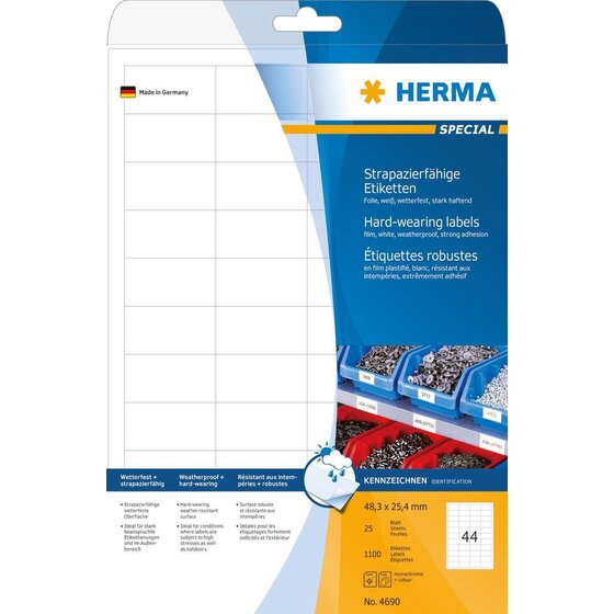 Herma 4690 Etiketten strapazierfähig A4 weiß 48,3x25,4 mm extrem stark haftend Folie matt 1100 St.