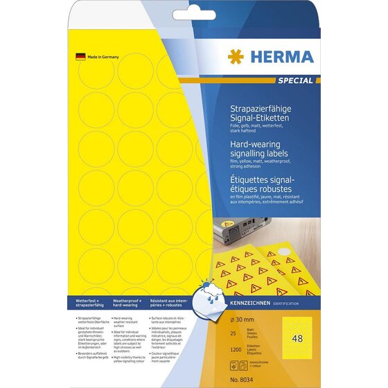 Herma 8034 Signal-Etiketten strapazierfähig A4 Ø 30 mm rund gelb stark haftend Folie matt wetterfest 1200 St.