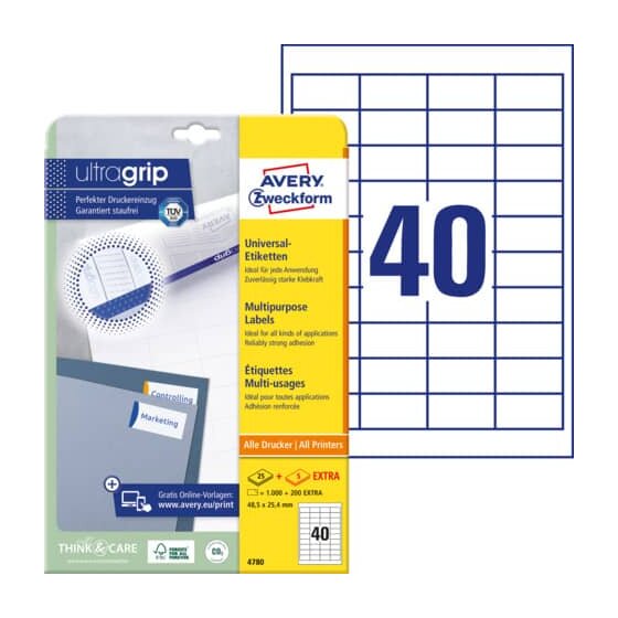 Avery Zweckform® 4780 Universal-Etiketten ultragrip - 48,5 x 25,4 mm, weiß, 1.200 Etiketten, permanent