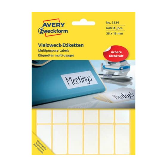 Avery Zweckform® 3324 Universal-Etiketten - 38 x 18 mm, weiß, 648 Etiketten/27 Blatt, permanent