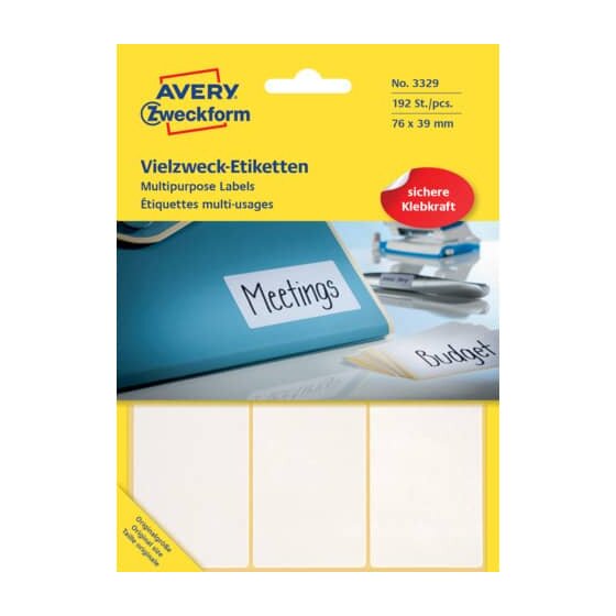 Avery Zweckform® 3329 Universal-Etiketten - 76 x 39 mm, weiß, 192 Etiketten/32 Blatt, permanent