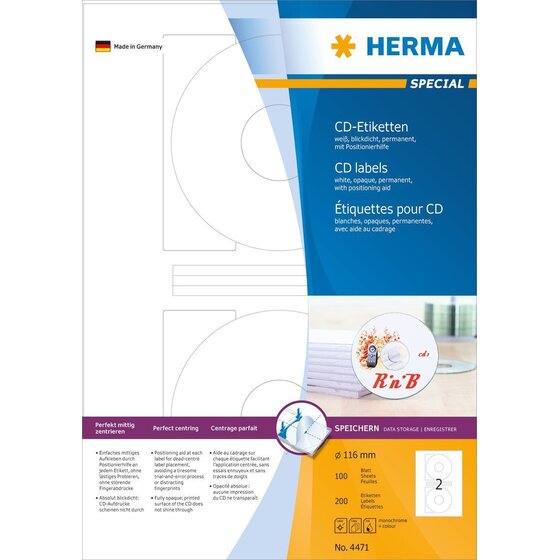 Herma 4471 CD-Etiketten A4 weiß Ø 116 mm Papier matt blickdicht 200 St.