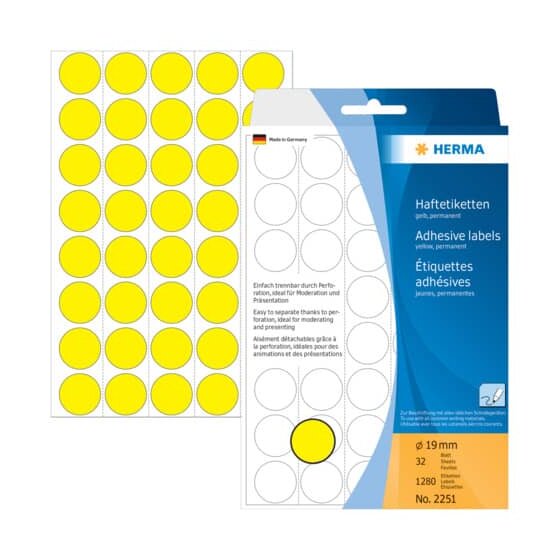 Herma 2251 Vielzwecketiketten - gelb, Ø 19 mm, matt, Trägerpapier perforiert, 1280 Stück