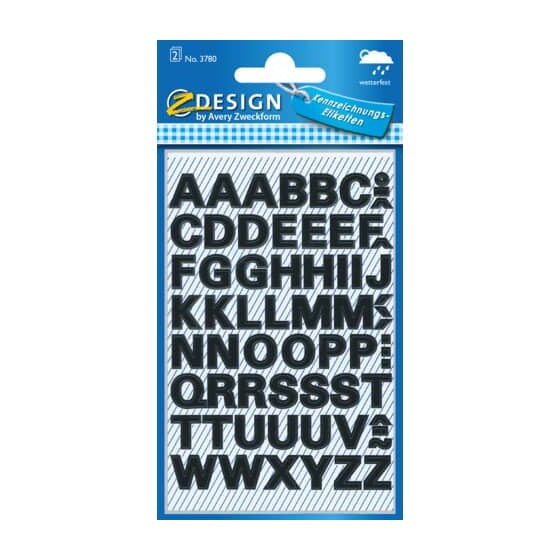 Avery Zweckform® 3780 Buchstaben-Etiketten - A-Z, 9,5 mm, schwarz, selbstklebend, wetterfest, 104 Etiketten