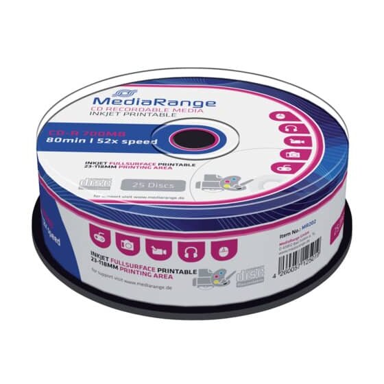 MediaRange CD-R Rohlinge - 700MB/80Min, 52-fach/Spindel, bedruckbar, Packung mit 25 Stück