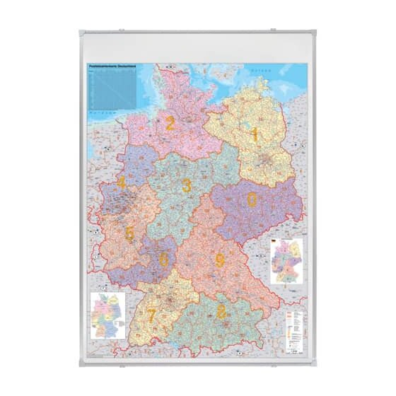 Kartentafel PLZ, 138 x 98 cm, Deutschland, pinnbar, 1:750.000, 98 x 138 cm, Alurahmen silbereloxiert, Zubehör für Wandbefestigung, beschreibbar, pinnbar