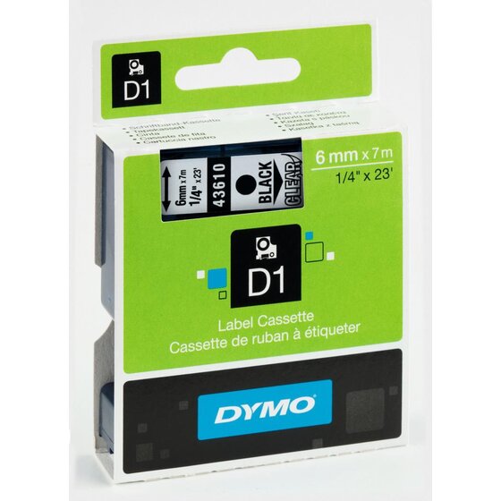 Dymo® Schriftband D1, Kunststoff, laminiert, 7 m x 6 mm, Schwarz/Transparent