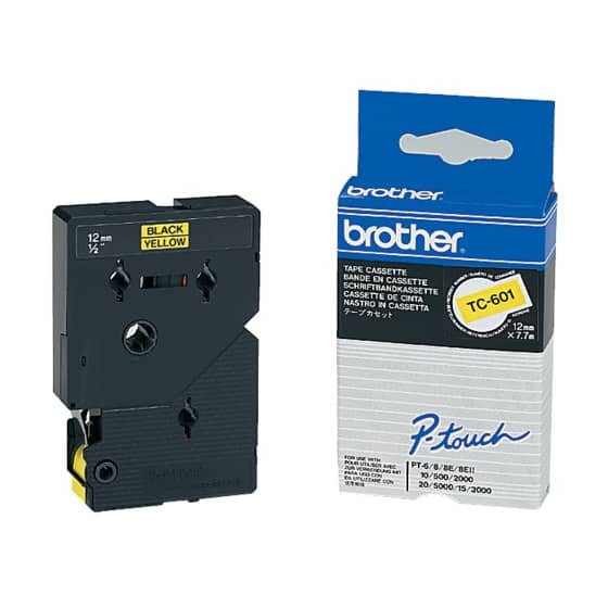 Brother® TC-601 Schriftbandkassette - laminiert, 12 mm x 7,7 m, schwarz auf gelb