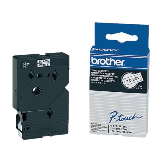 Brother TC-201 Schriftbandkassetten, laminiert, 12 mm x 7,7 m, schwarz auf weiß