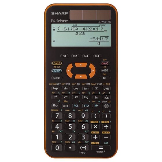 SHARP Taschenrechner Schulrechner EL-W531XGYR, 335 Funktionen, Solar+Batterie, schwarz-orange