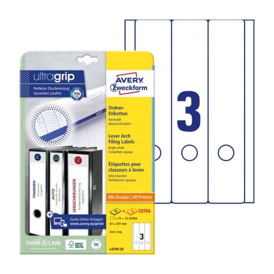 Avery Zweckform® L4759-25 Ordner-Etiketten, 61 x 297 mm, breite Ordner (lang), 30 Bogen/90 Etiketten, weiß