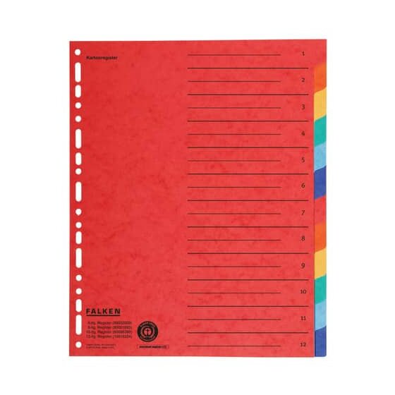 Falken Zahlenregister - 1-12, Karton farbig, A4, 6 Farben, gelocht mit Orgadruck