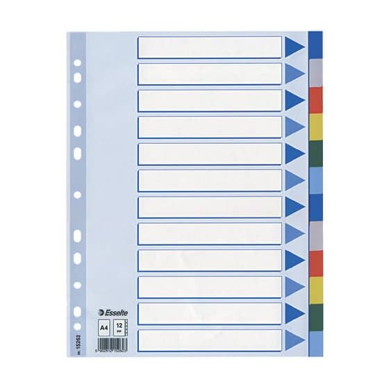 Esselte Register - blanko, A4, PP, 12-teilig + Deckblatt, farbig
