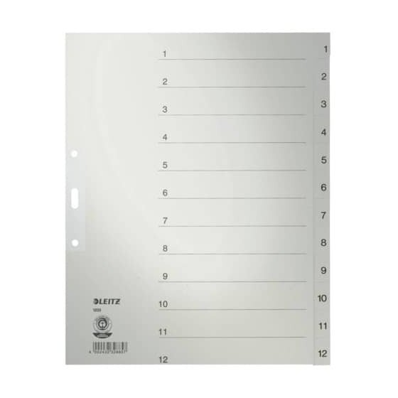 Leitz 1233 Zahlenregister - 1-12, Papier, A4 Überbreite, 12 Blatt, grau