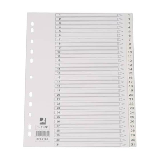 Q-Connect® Zahlenregister - 1 - 31, PP, A4, 31 Blatt, weiß