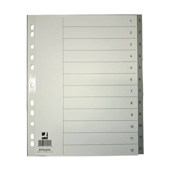 Q-Connect® Zahlenregister - 1 - 12, PP, A4 Überbreite, 12 Blatt, grau