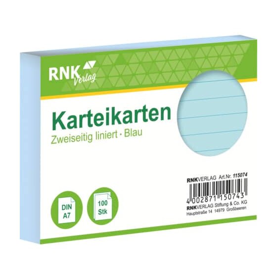 RNK Verlag Karteikarten - DIN A7, liniert, blau, 100 Karten