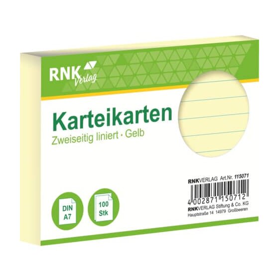 RNK Verlag Karteikarten - DIN A7, liniert, gelb, 100 Karten