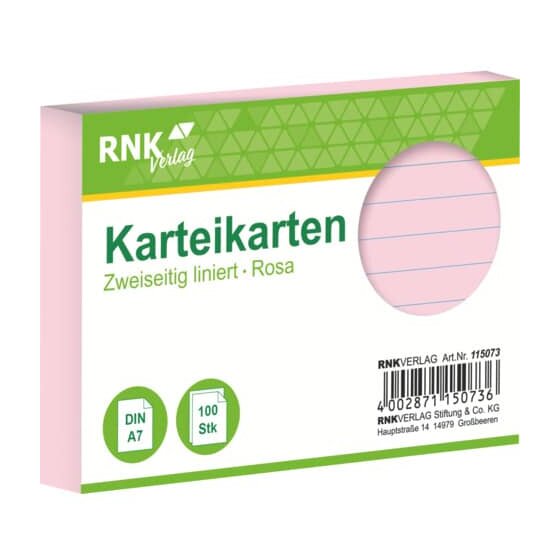 RNK Verlag Karteikarten - DIN A7, liniert, rosa, 100 Karten