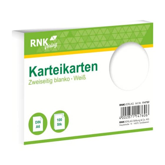 RNK Verlag Karteikarten - DIN A6, blanko, weiß, 100 Karten