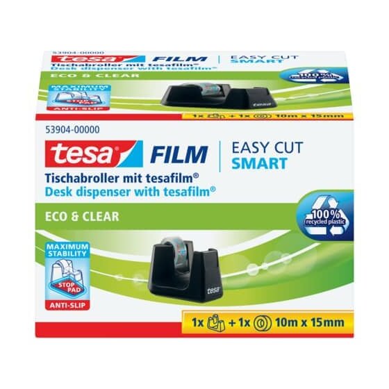 tesa® Tischabroller Easy Cut® Smart ecoLogo® - inkl. 1 Rolle Klebefilm Eco & Clear