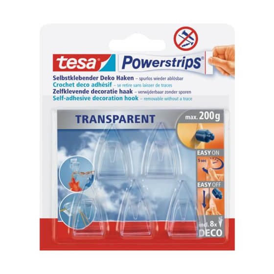 tesa® Powerstrips® Deco-Haken - ablösbar, Tragfähigkeit 200 g, transparent