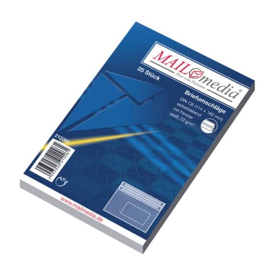 MAILmedia® Briefumschläge C6 (162x114 mm), mit Fenster, selbstklebend, 72 g/qm, 25 Stück