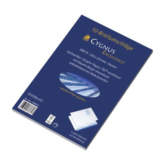 Cygnus Excellence Briefumschlag C4, haftkebend, weiß, Offset 100g, 10 Stück mit Fenster