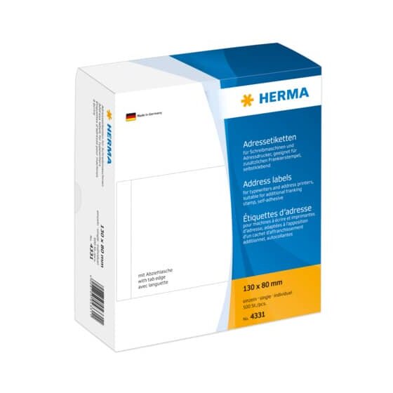 Herma 4331 Adress-Etiketten - einzeln mit Abziehlasche, 130 x 80 mm, selbstklebend, 500 Stück