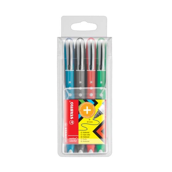 STABILO® Tintenroller - worker+ colorful - medium - 4er Pack - grün, rot, blau, schwarz (sortiert)